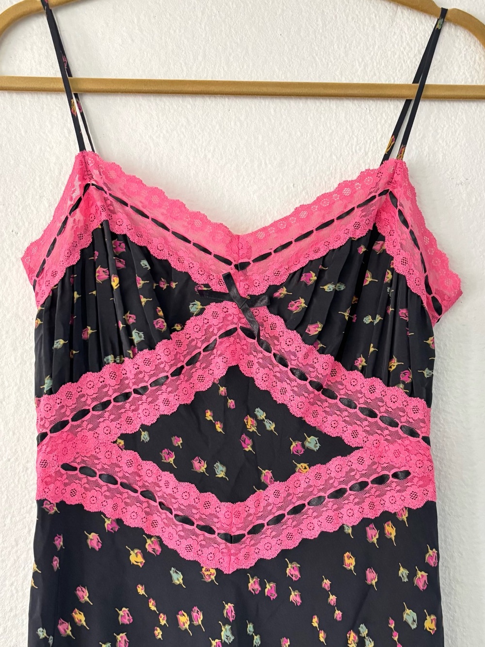 Vintage Betsey Johnson Y2K Silk Floral Maxi Gown Pink Lace Trim Size: 8 - Picture 3 of 15